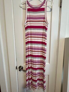 LOFT Striped Ribbed Tank Midi Dress | Pink Multi | Size Medium